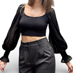 Urban Outfitters Black Crop Poet Sleeve Women's Top L